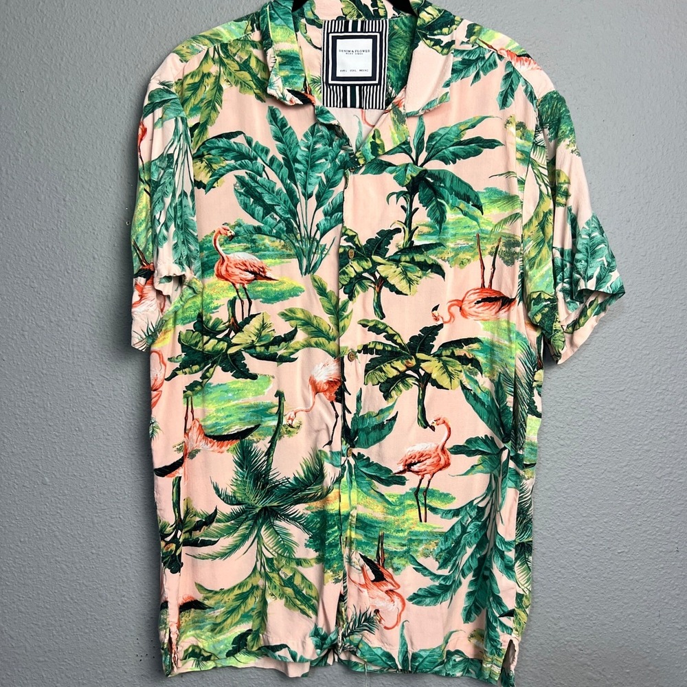 Denim & Flower‎ Flamingo Palm Tree Hawaiian Aloha Print Button Up Shirt Sh/SL Lg